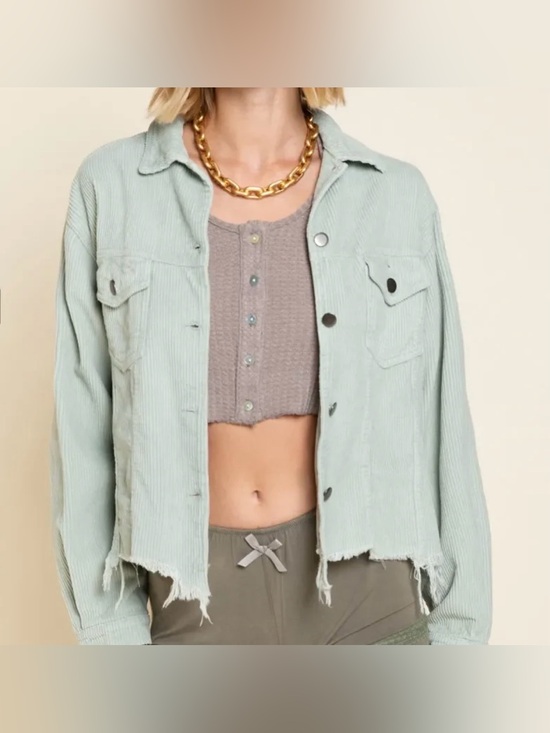 POL Jackets & Blazers - POL Corduroy Button Up Trucker Jacket Light Green Raw Hem Sz L